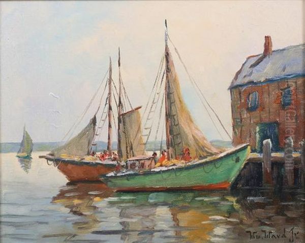 Docked Fishing Boats Oil Painting by William Dudley Brunett Ward, Jr