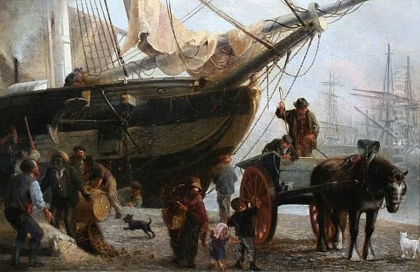 A Dockside Scene Believed To Be Canada Docks, Liverpool Oil Painting by Robert Charles Dudley