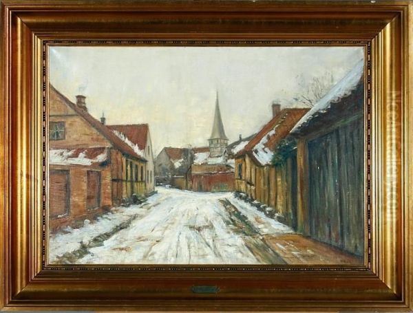 A Danish Street Scenery, Winter Oil Painting by Ole Wolhardt Stampe Due