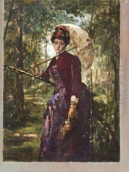 Portrait D'elegante A La Robe Prune Dans Un Sous-bois Oil Painting by Ernest Ange Duez