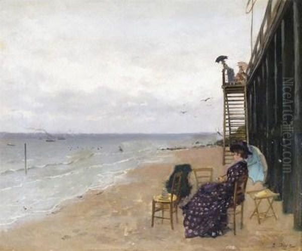 Beach Scene With An Elegant Lady Seated By Stairs Oil Painting by Ernest Ange Duez