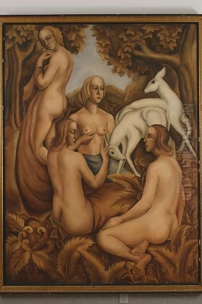 Four Figures In The Woods Oil Painting by Clementine Helene Dufau