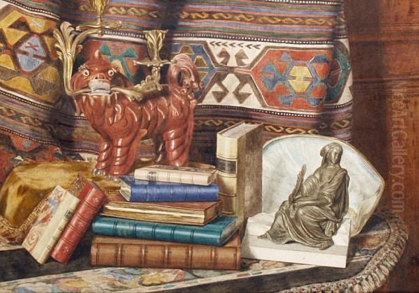 Still Life With Books And Oriental Objects Oil Painting by E Dufaud