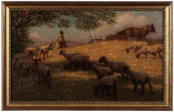 Pastoral Landscape, 
Sheep And Farmer Plowing Field Oil Painting by John Robert Keitley Duff