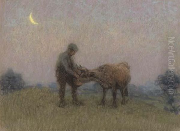 The New Moon (illustrated); And Feeding The Flock Oil Painting by John Robert Keitley Duff