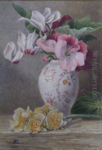 Cyclamen And Daffodils Oil Painting by Mary Elizabeth Duffield