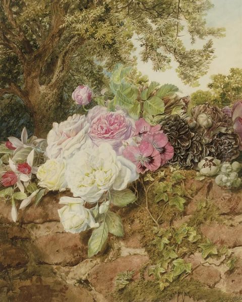 Roses, Fuschia, Poppies And Hollyhocks On A Brick Wall Oil Painting by Mary Elizabeth Duffield