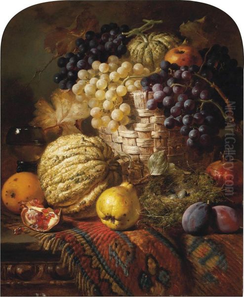 Fruit, A Roemer, A Wicker Basket And Bird's Nest On A Wooden Table Oil Painting by William Duffield