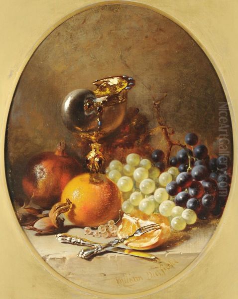 Still Life Of Fruit And A Drinking Vessel, With Silver Cutlery In The Foreground Oil Painting by William Duffield