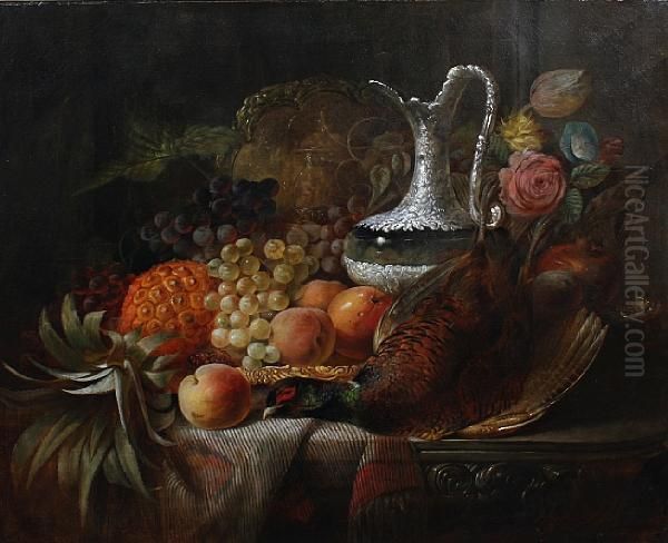 Grapes, Apples, Peaches, Roses, A Silver Ewer And A Pheasant On A Table Oil Painting by William Duffield