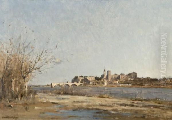 Vue Du Rhone Avec Le Palais Des Papes, Avignon Oil Painting by Camille Emile Dufour