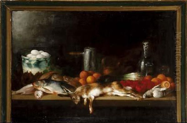 Bodegon Con Cuenco De Ceramica Con Huevos, Peces, Conejos, Chocolatera De Estano, Botella Y Vaso De Cristal, Tomates Y Naranjas Oil Painting by Jules Dufour