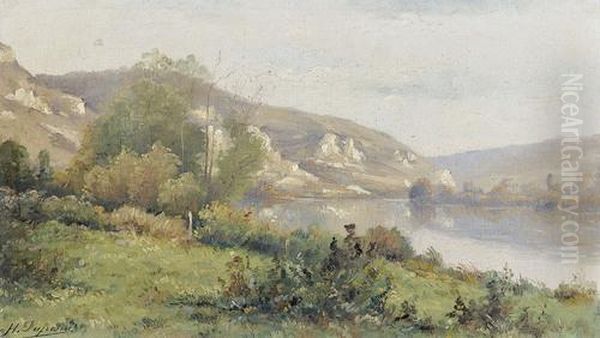 Flussuferpartie Mit Felsiger Landschaft. Oil Painting by Abel Jean Henri Dufresne