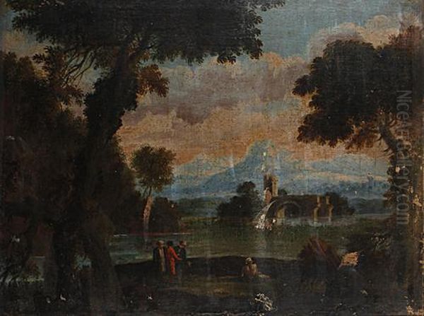 Figures Conversing In An Italianate Landscape Oil Painting by Gaspard Dughet Poussin