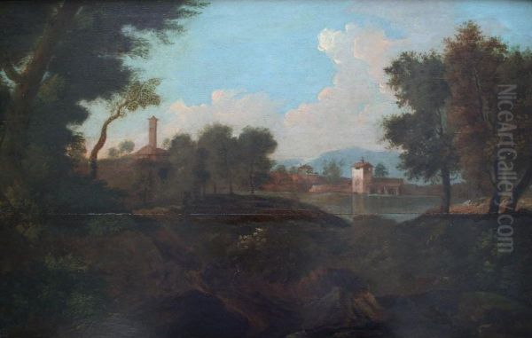 Italianate Landscape With Buildings Across A Lake Oil Painting by Gaspard Dughet Poussin