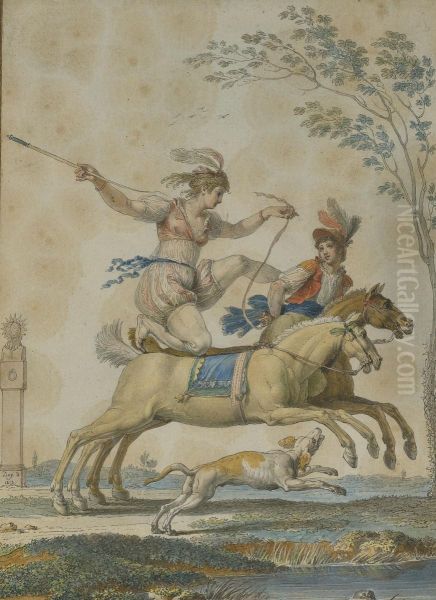 Equestrian Acrobats: A Pair Oil Painting by Jean-Demosthene Dugourc