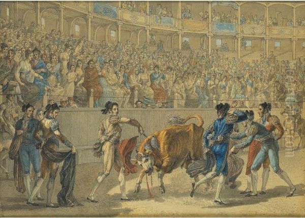 Puntillero Donnant Le Coup De Grace A Un Taureau Dans Les Arenes Royales De Madrid [ ; Puntillero Giving A Death-blow To A Bull In The Royal Arenas Of Madrid ; Pen And Black Ink, Watercolour] Oil Painting by Jean-Demosthene Dugourc