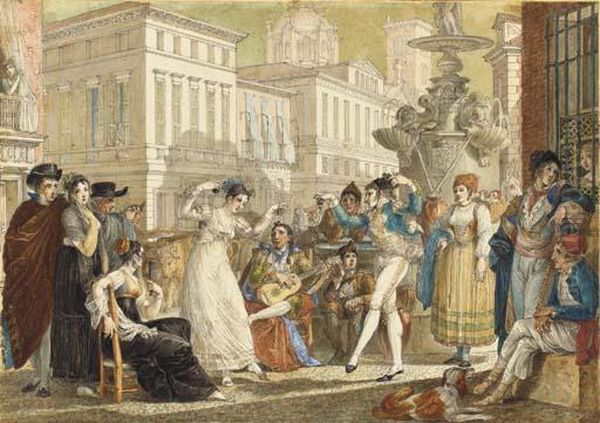 The Plaza De La Provincia, Madrid, With A Crowd Watching An Elegantcouple Dance, A Fountain Emblazoned With The Royal Arms Of Spainand The Dome Of The Church Of San Isidro Seen Beyond Oil Painting by Jean-Demosthene Dugourc