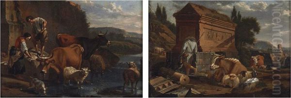 Country Folk And Livestock Along A River by Karel Dujardin