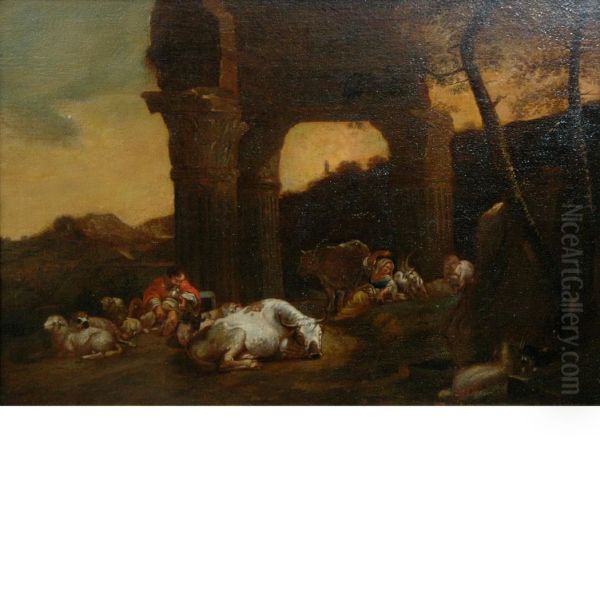 Country Folk Resting Beside Roman Ruins Oil Painting by Karel Dujardin