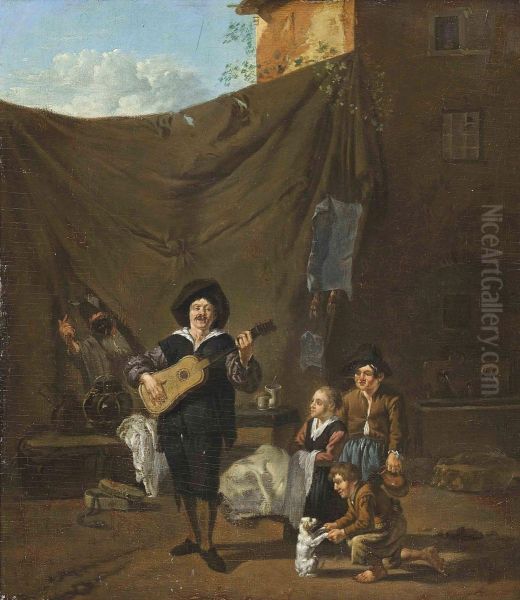 A Guitar Player With Children Looking On Oil Painting by Karel Dujardin