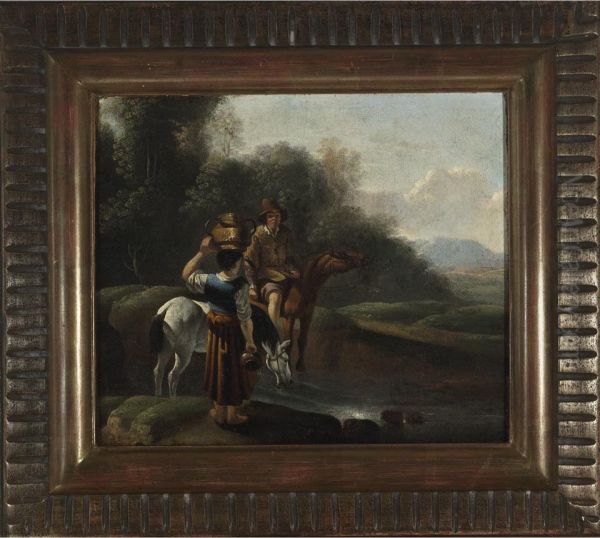 Early Morn (couple With Their Horses Gathering Water In A Landscape) Oil Painting by Karel Dujardin