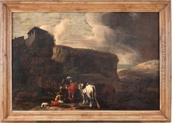 Paesaggio Roccioso Con Sosta Di Cavalieri Oil Painting by Karel Dujardin