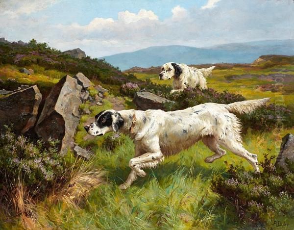 Two Setters Working A Moor Oil Painting by Alfred Duke