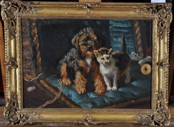 Terrier Puppy And Cat Sitting On A Cushion Oil Painting by Alfred Duke