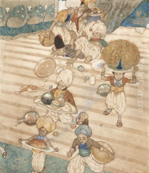 Oriental Servants Running And Falling Down Stairs Oil Painting by Edmund Dulac