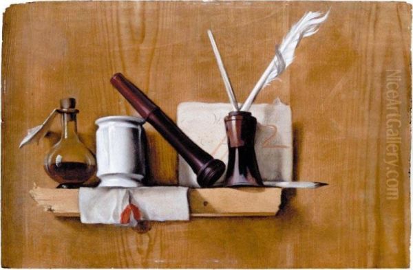 Attributed To Heyman Dullaert - A Trompe L'oeil With Plumes Oil Painting by Heyman Dullaert