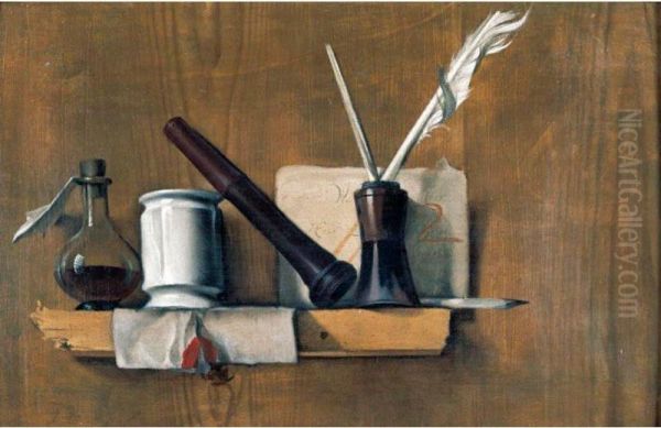 A Trompe L'oeil With Plumes In An Ink Bottle, A Letter, A Seal Stamp, A Delft Pot And A Bottle, Arranged Upon A Wooden Shelf Oil Painting by Heyman Dullaert