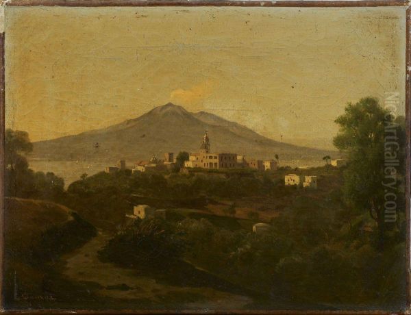 Vue Presumee De Vico Equense; Le Vesuve Et La Baie De Naples Oil Painting by Ernest Joachim Dumax