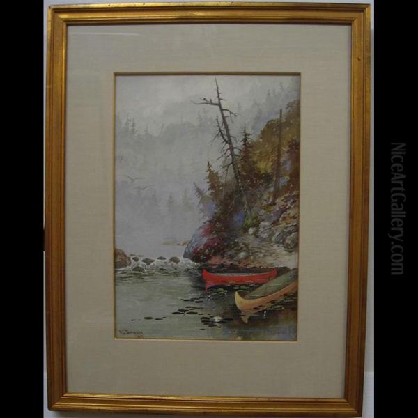 Canoes And Cascade Oil Painting by A.E. Dumble