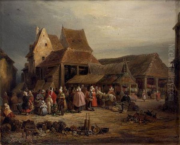 Scene De Marche Sur Une Place De Village Oil Painting by Edme Dumee