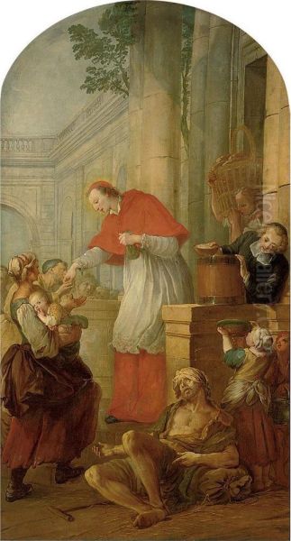 Saint Carlo Borromeo Giving Alms To The Poor Oil Painting by Pierre Louis Ii Dumesnil