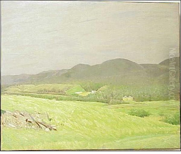 Oil Oncanvas, Impressionistic Depiction A Valley Of Grasses In Theforeground With A Small Pile Of Rocks And Wood At Left, Severalsmall Barns Amongst Fur Trees In The Middle Distance And Rollinghills Below A Mostly Overcast Sky, Unframed, 25