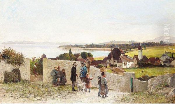 Coastal Village Oil Painting by Alfred Dumont