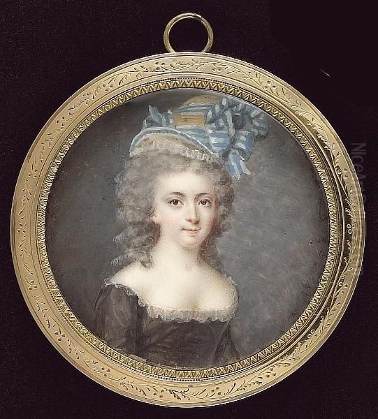 A Young Lady, With Powdered Hair, Wearing Decollete Brown Dress With White Lace Trim And Yellow Bonnet Dressed With Blue And White Striped Ribbon Oil Painting by Francois I Dumont