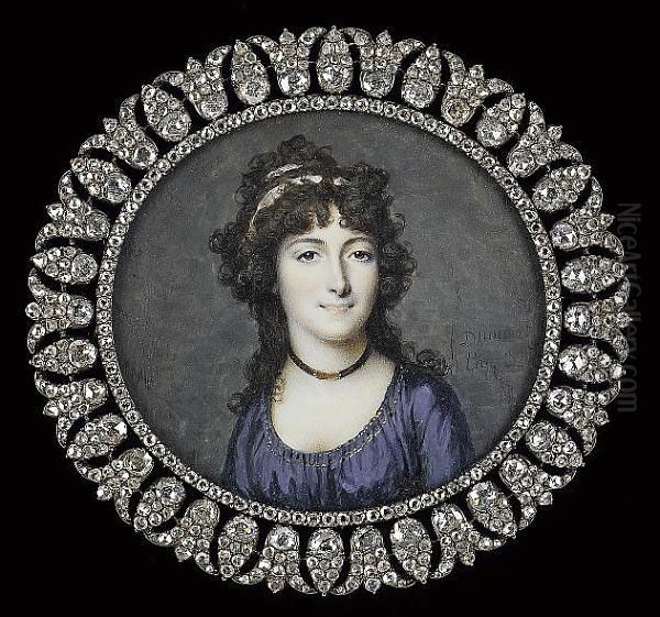 A Lady, Wearing Dark Blue Dress With Gold Trim, Black Ribbon Necklace With Gold Clasp And White Ribbon In Her Dark Curled Hair Oil Painting by Francois I Dumont