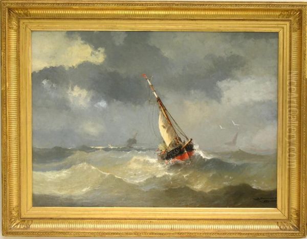 Bateau De Peche De Trouville Dans La Vague Oil Painting by Salutiano Dumouchel