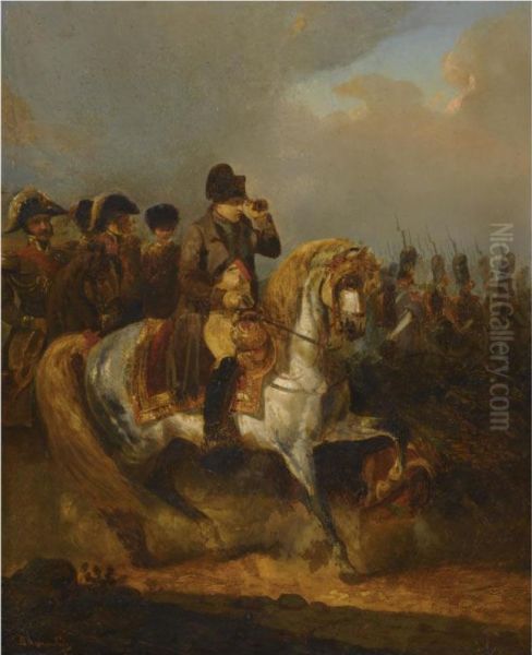 Napoleon Bonaparte And His Etat Major Advancing Into Battle Oil Painting by Eugene Dumoulin