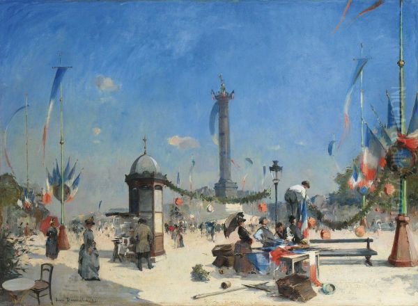 Preperation For 14 Juillet Celebrations, Place De La Bastille, Paris Oil Painting by Louis Dumoulin