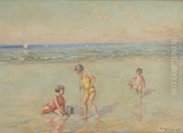 Les Enfants A La Plage Oil Painting by Romeo Dumoulin