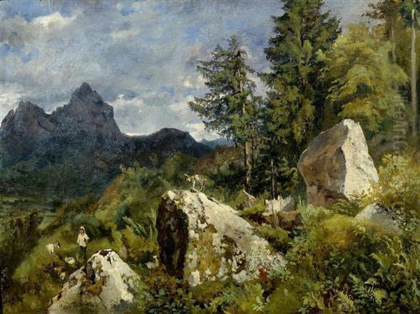 Landscape With Mountains And A Goatherd Oil Painting by Jean-Marc Dunant-Vallier