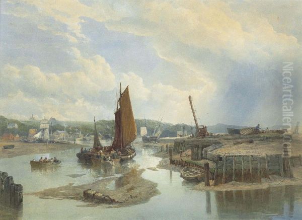 A Town On An Estuary At Low Tide Oil Painting by Edward Duncan