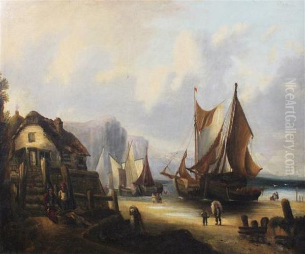 Fisherfolk On The Shore Oil Painting by Edward Duncan