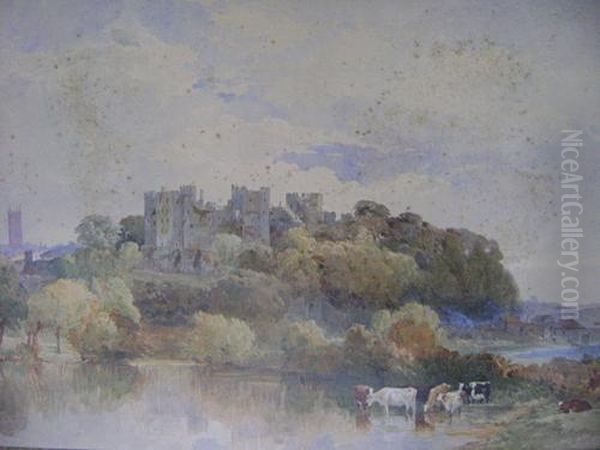 Ludlow Castle, Trees With Cattle Watering To The Foreground Oil Painting by Edward R.W.S Duncan