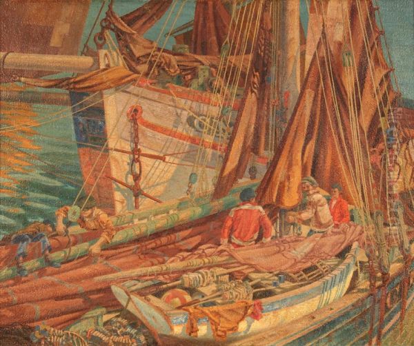 Breton Fishing Boats Drying Sails In Newlyn Harbour Oil Painting by John Mckirdy Duncan