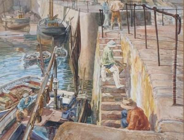 Cornish Fishermen On The Harbour Oil Painting by John Mckirdy Duncan